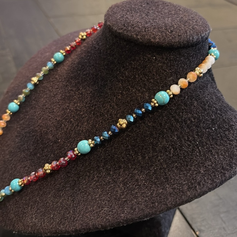 Turquoise Multicolor Iridescent Stretch Beaded Boho Western Necklace - Picture 3 of 7